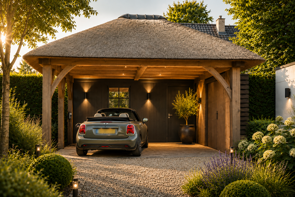Carport op maat in Soest met rieten dak en houten constructie