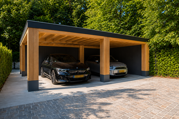 Dubbele carport op maat in Soest met houten constructie voor twee auto's