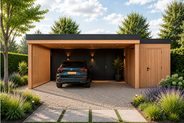 Luxe houten carport met dichte berging, lamellenwand, oprit van grind en sfeervolle zen tuinverlichting