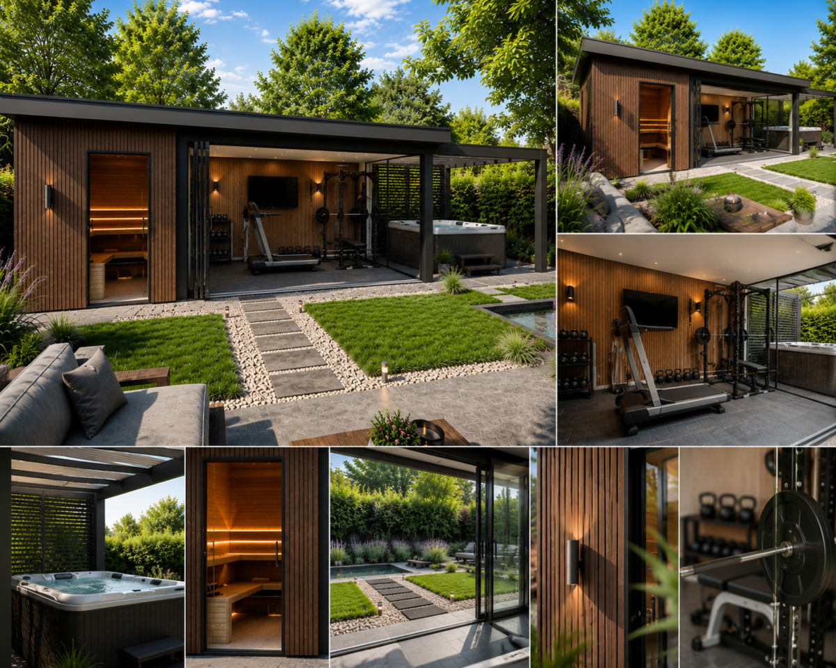 Luxe thuisgym in modern houten buitenverblijf met sauna, fitnessapparatuur en jacuzzi in de tuin