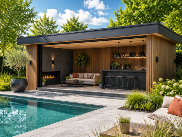 Luxe houten poolhouse met buitenkeuken en zwembad op maat